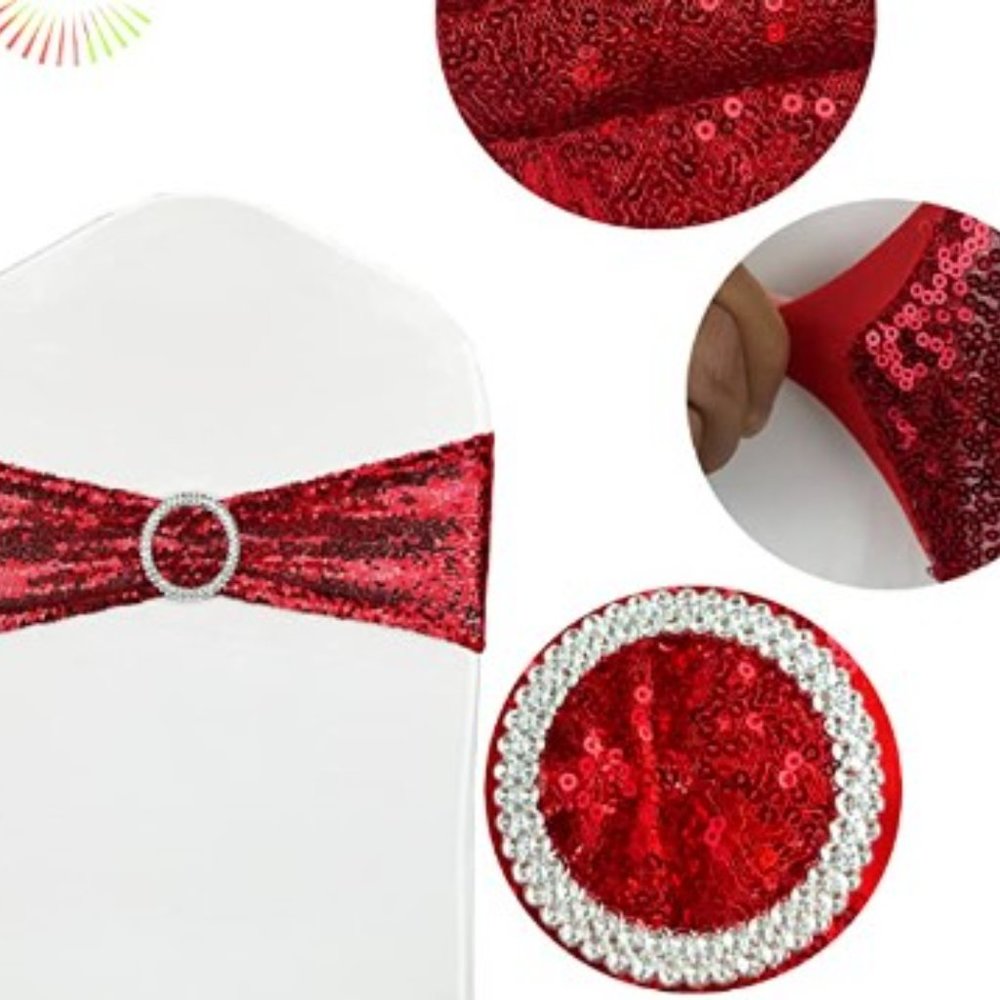 Party Sequin  50 Pcs Red Sequin Chair Sashes Stretch Chair Bands